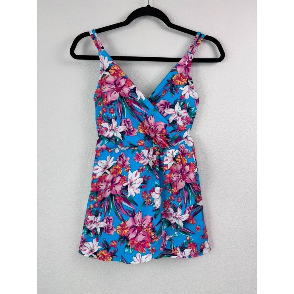 Lands' End women's XS 2-4 blue‎ tropical faux wrap swim dress modest swimsuit